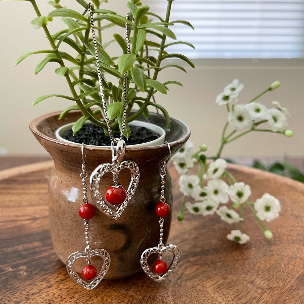 Red Carnelian Earring & Necklace Set - Sterling Silver